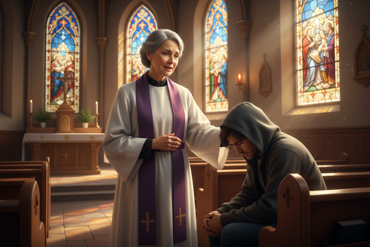 Make an image with a pastor providing prayer for the broken 